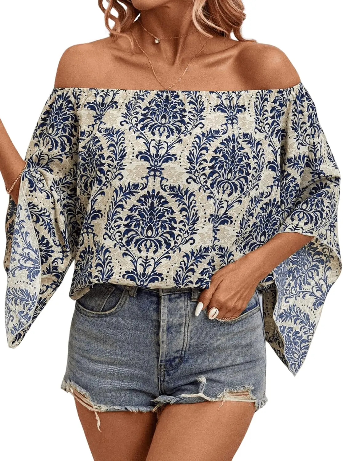Floerns Women's Boho Off Shoulder 3/4 Bell Sleeve Summer Blouse Top