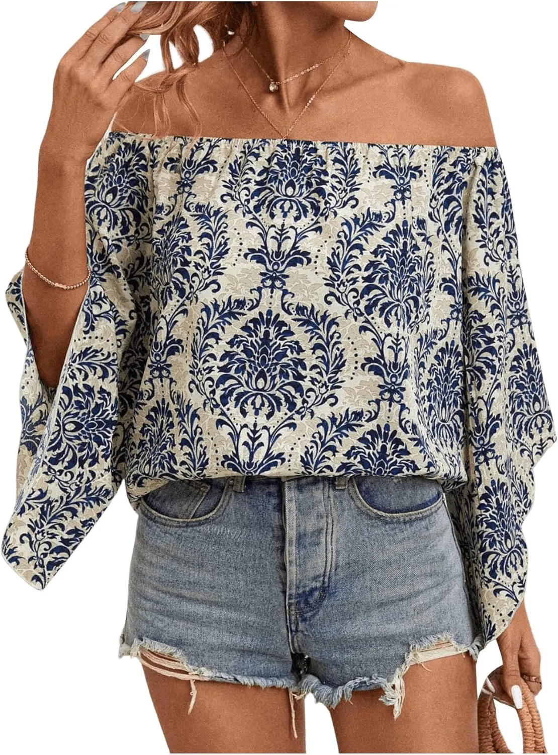 Floerns Women's Boho Off Shoulder 3/4 Bell Sleeve Summer Blouse Top