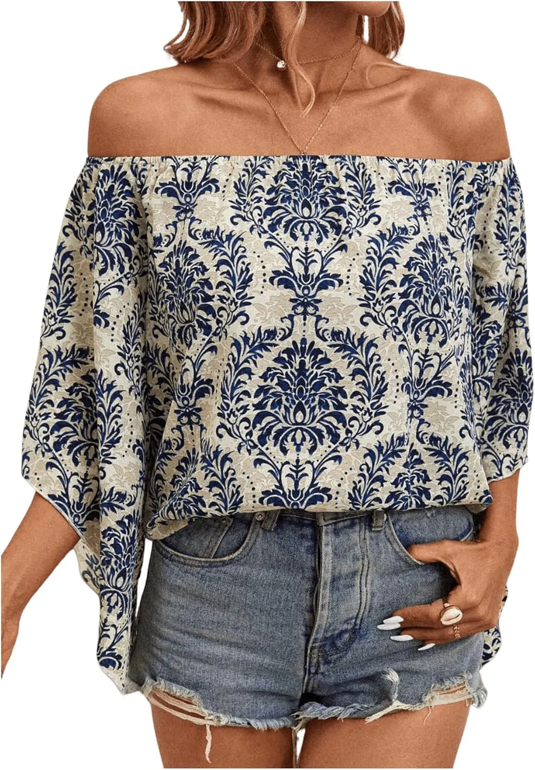 Floerns Women's Boho Off Shoulder 3/4 Bell Sleeve Summer Blouse Top