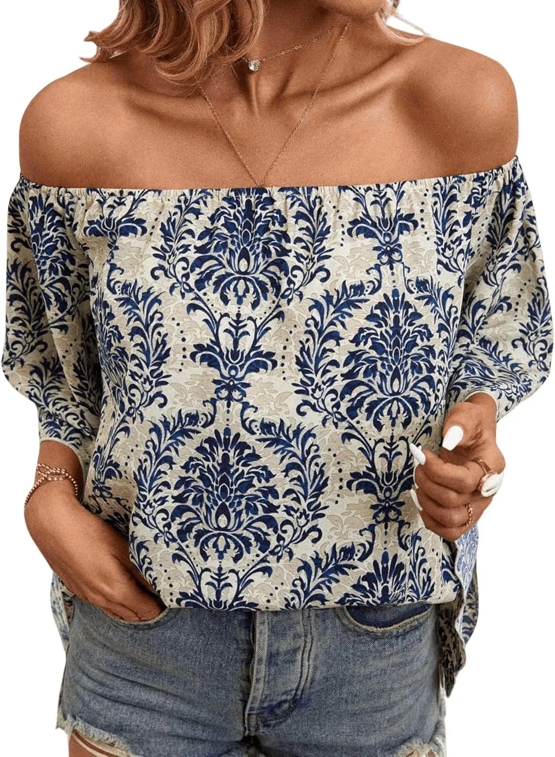 Floerns Women's Boho Off Shoulder 3/4 Bell Sleeve Summer Blouse Top