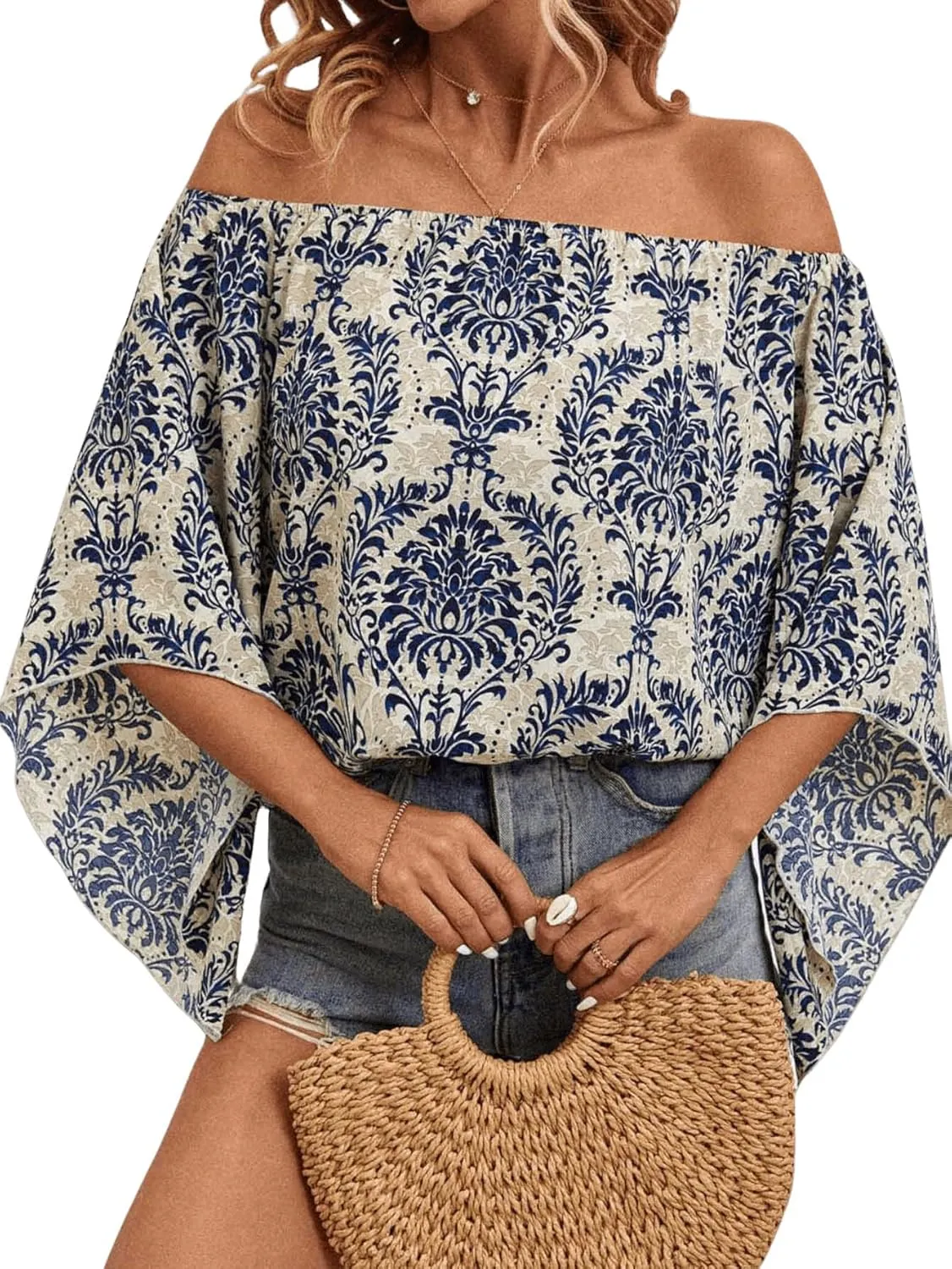 Floerns Women's Boho Off Shoulder 3/4 Bell Sleeve Summer Blouse Top