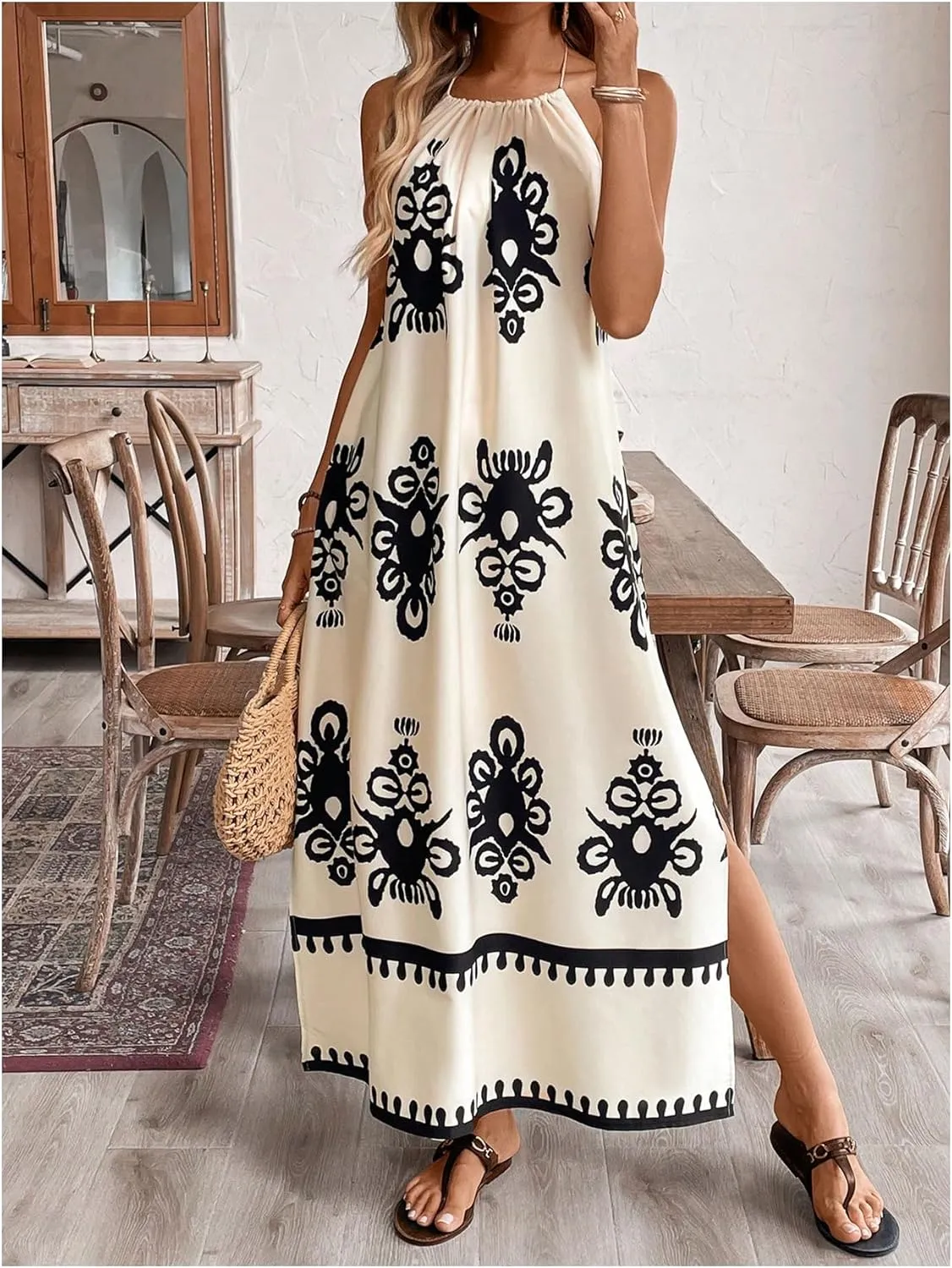 Floerns Women's Boho Tribal Halter Dress Sleeveless Backless A Line Long Dresses