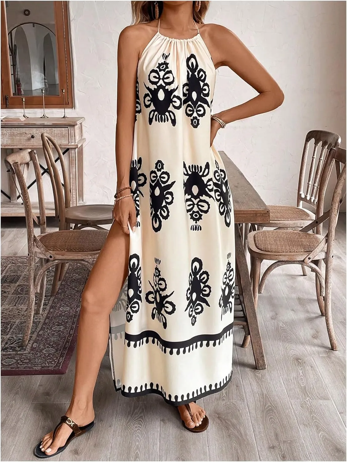 Floerns Women's Boho Tribal Halter Dress Sleeveless Backless A Line Long Dresses