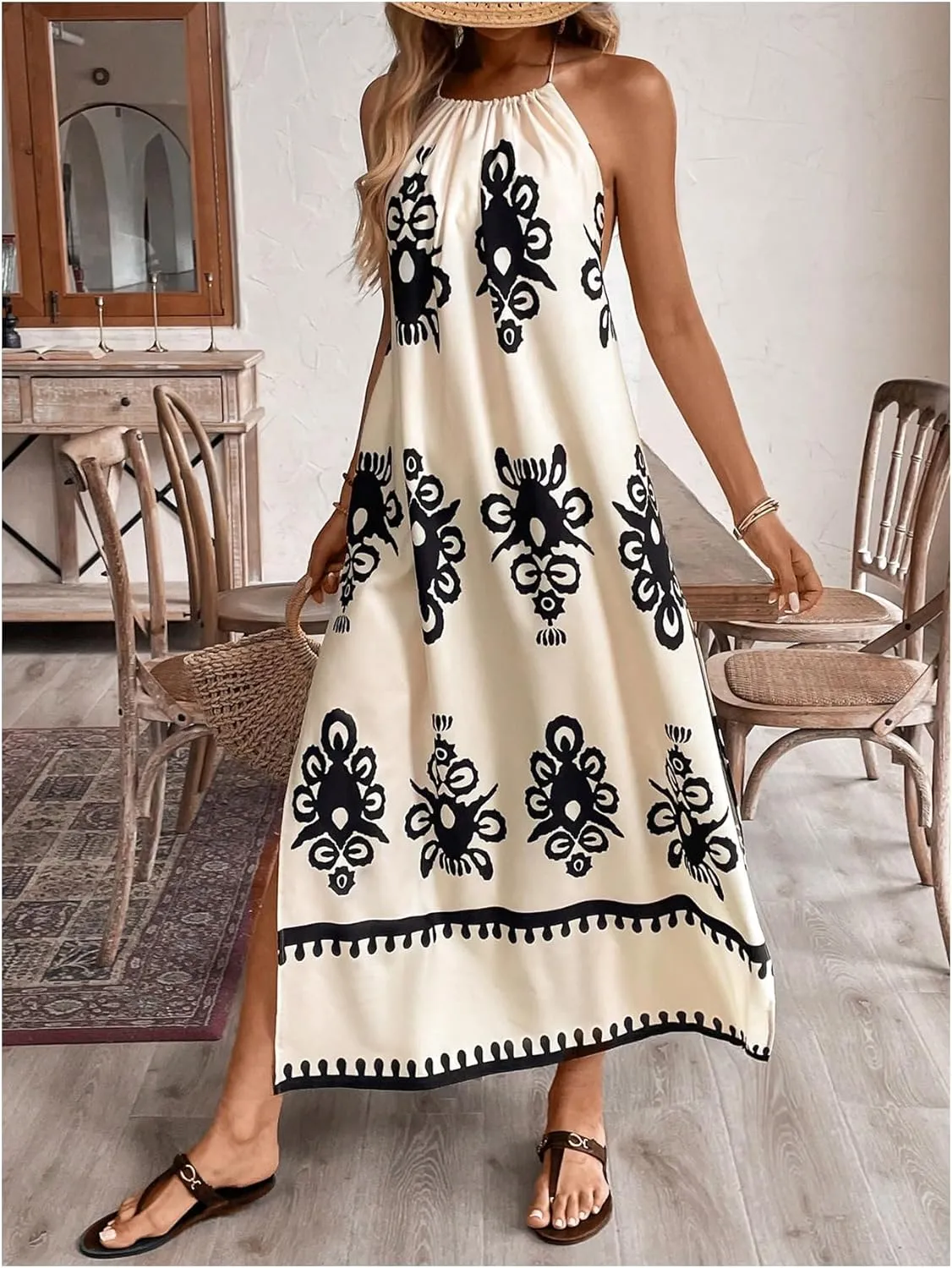 Floerns Women's Boho Tribal Halter Dress Sleeveless Backless A Line Long Dresses