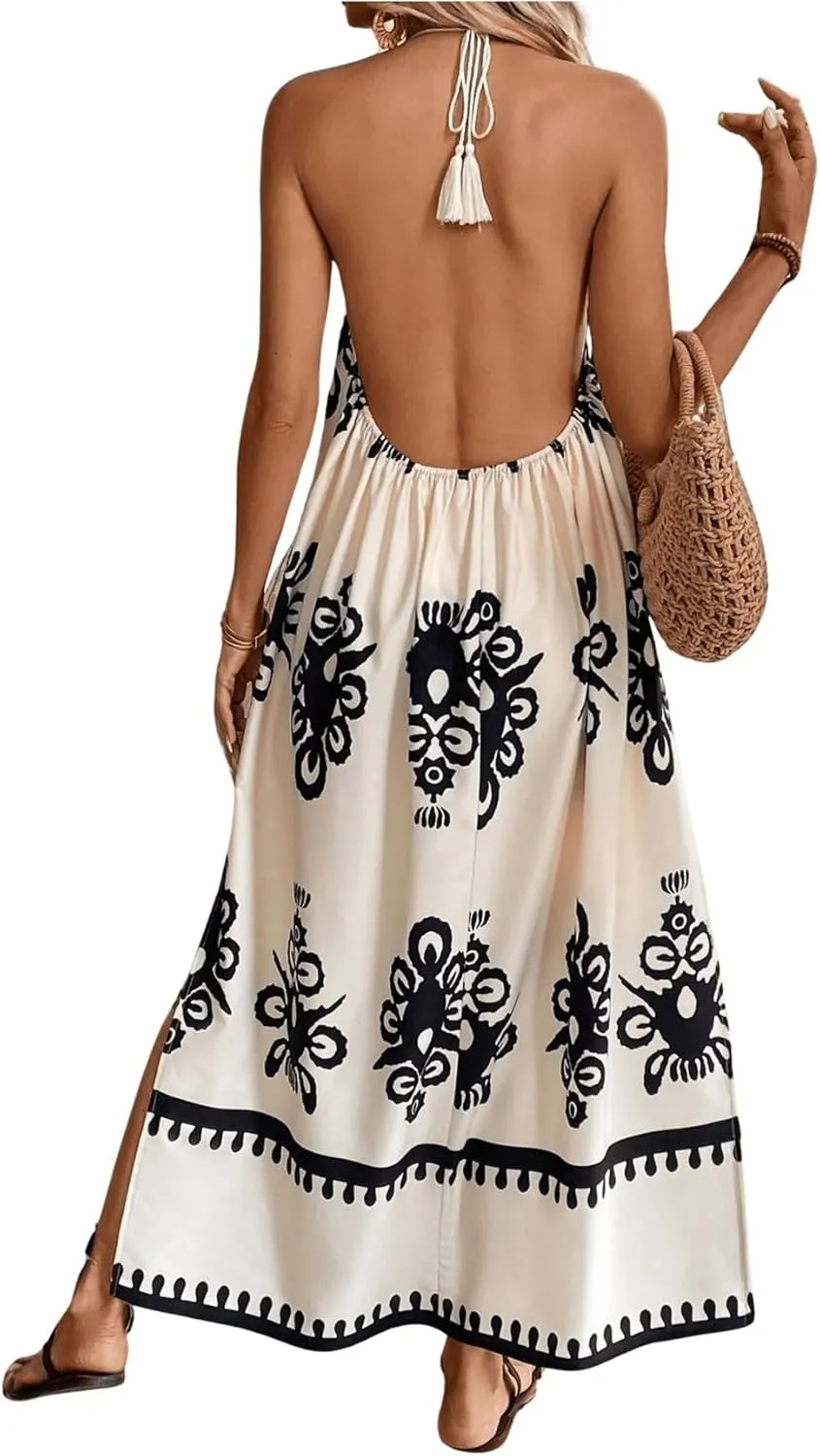 Floerns Women's Boho Tribal Halter Dress Sleeveless Backless A Line Long Dresses
