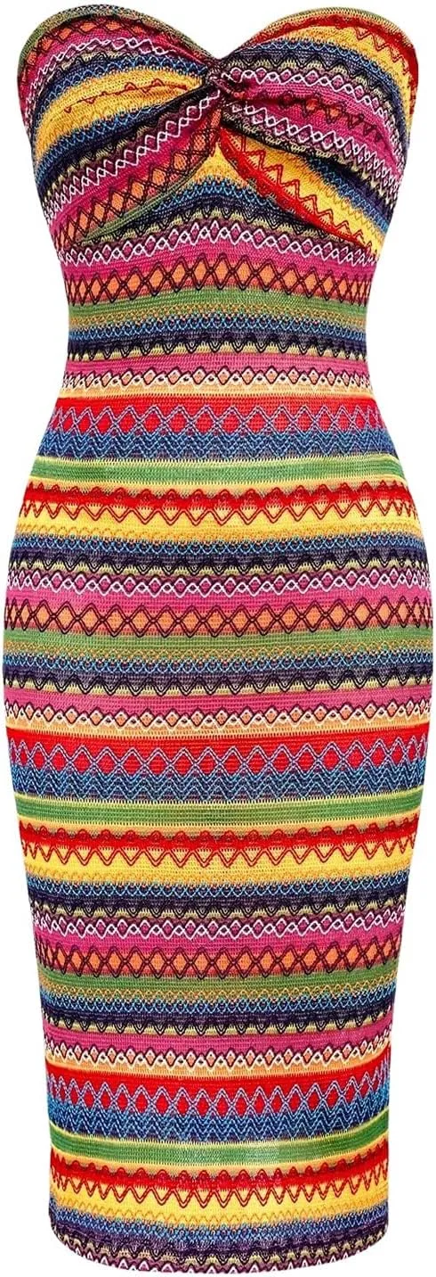 Floerns Women's Boho Tribal Sleeveless Strapless Tube Twist Front Bodycon Maxi Dresses