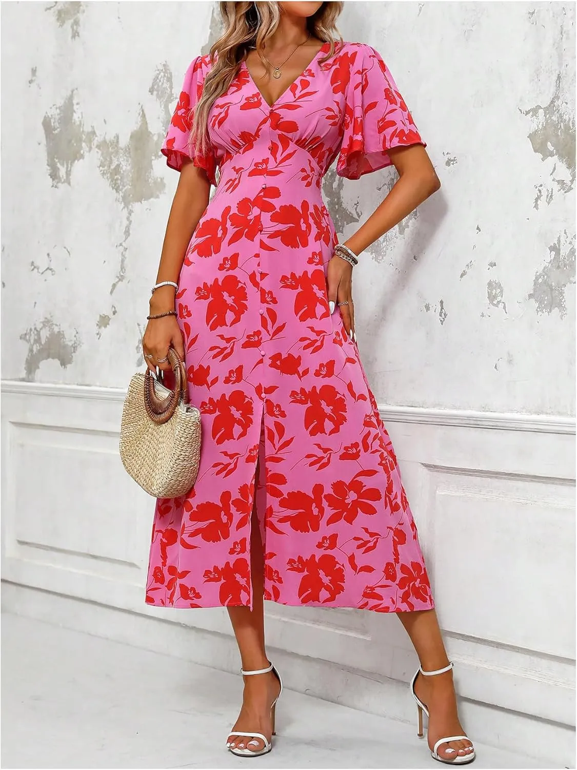 Floerns Women's Butterfly Sleeve Tropical Dress V Neck Slit A Line Long Dresses