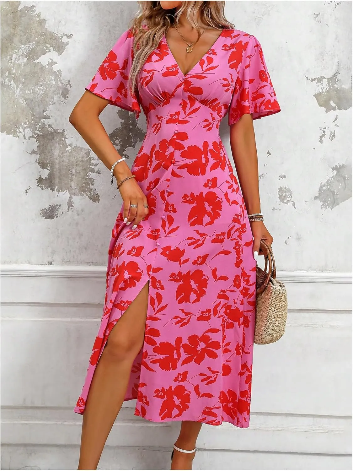 Floerns Women's Butterfly Sleeve Tropical Dress V Neck Slit A Line Long Dresses