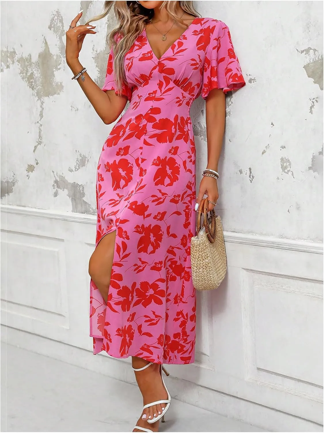 Floerns Women's Butterfly Sleeve Tropical Dress V Neck Slit A Line Long Dresses