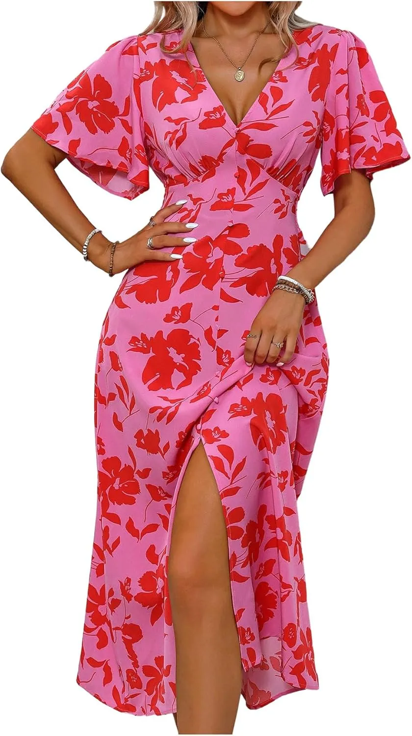 Floerns Women's Butterfly Sleeve Tropical Dress V Neck Slit A Line Long Dresses