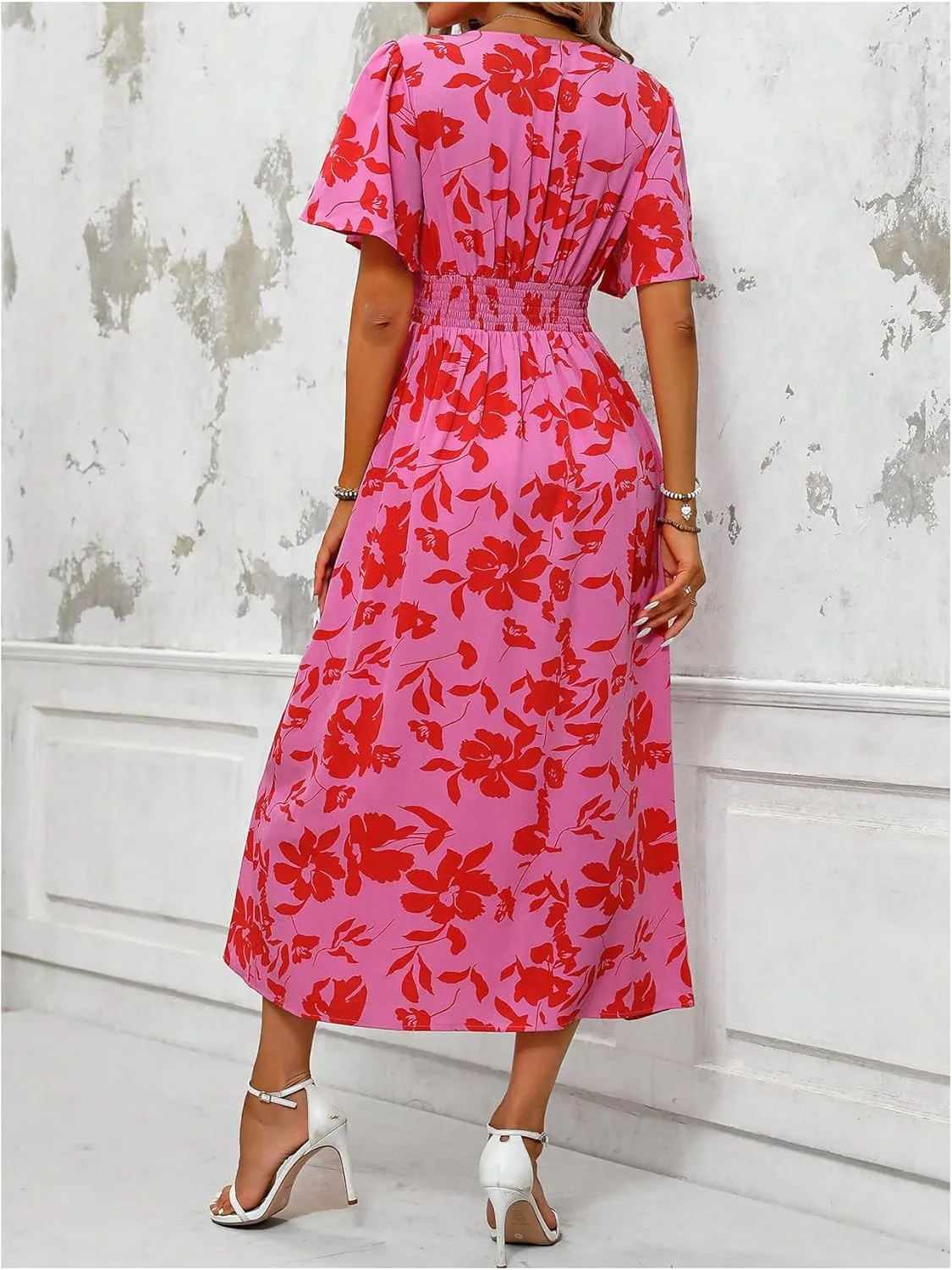 Floerns Women's Butterfly Sleeve Tropical Dress V Neck Slit A Line Long Dresses