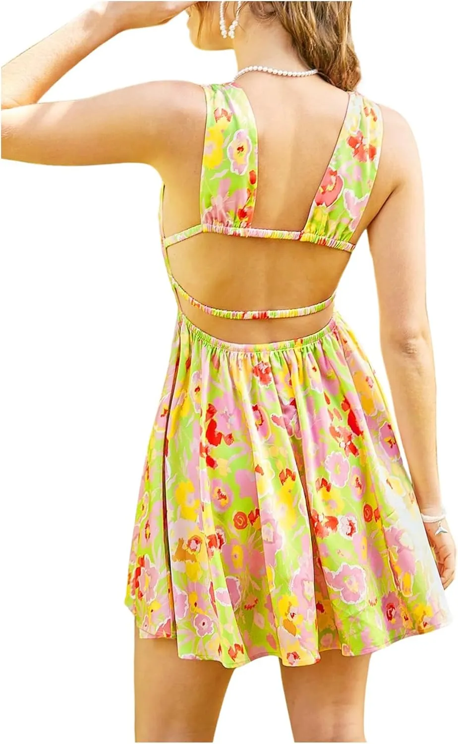 Floerns Women's Cut Out Backless Sleeveless Shirred Floral A Line Short Dress