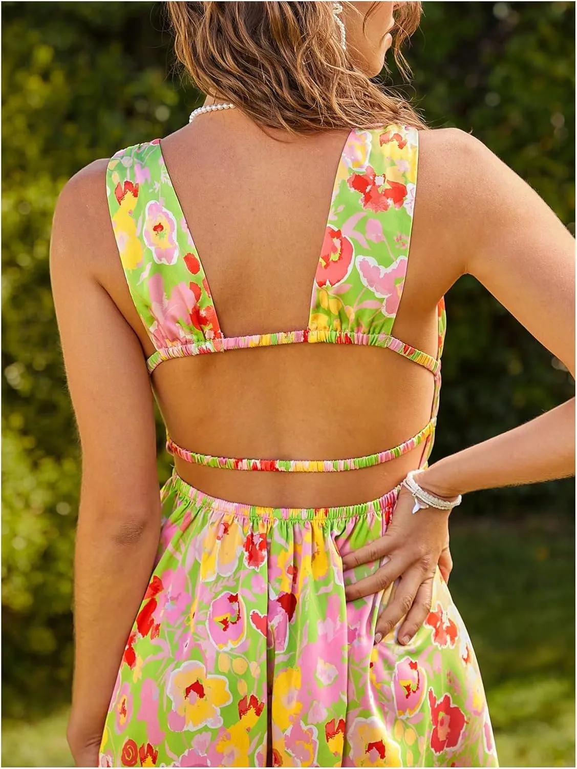 Floerns Women's Cut Out Backless Sleeveless Shirred Floral A Line Short Dress