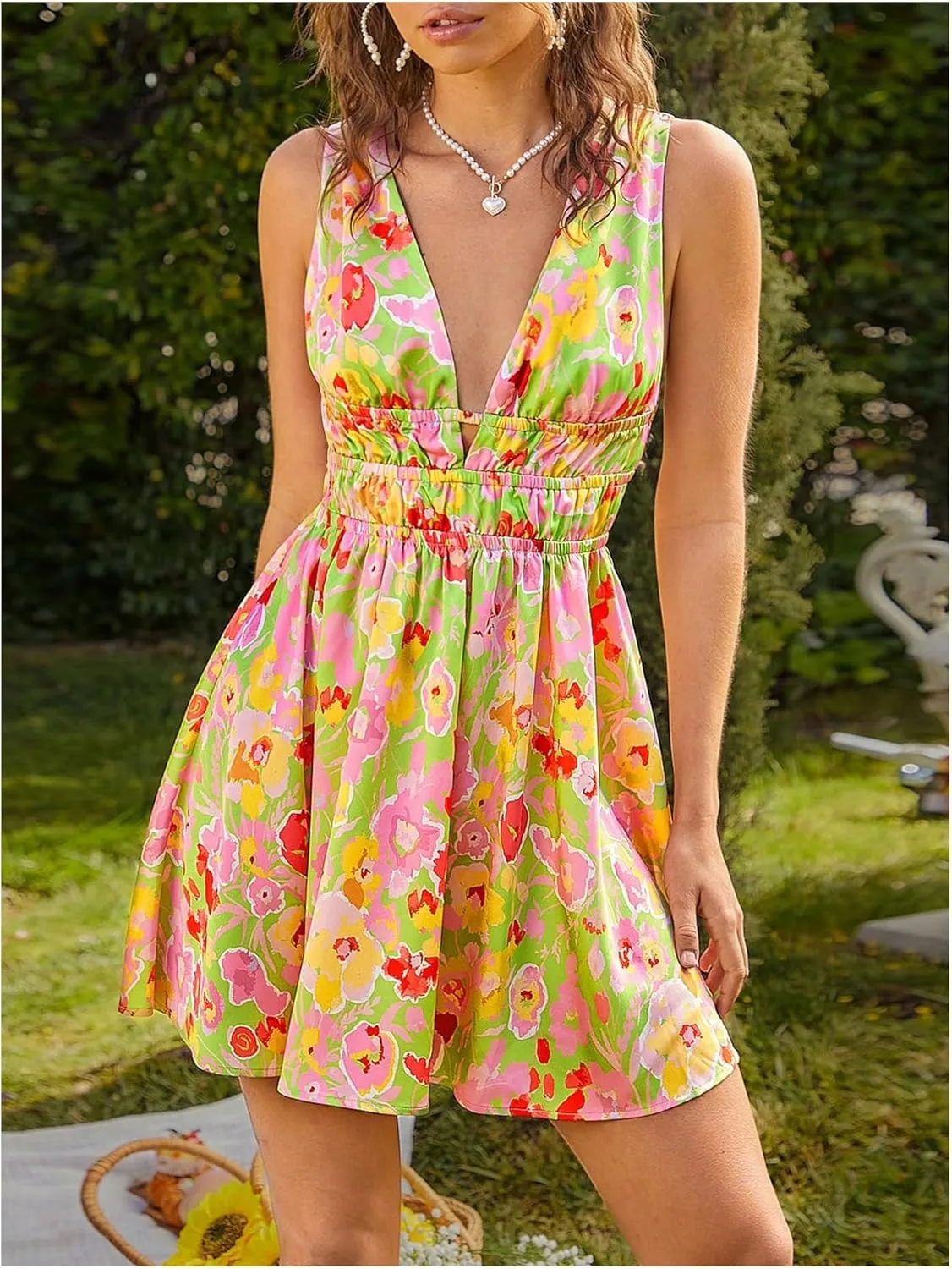 Floerns Women's Cut Out Backless Sleeveless Shirred Floral A Line Short Dress