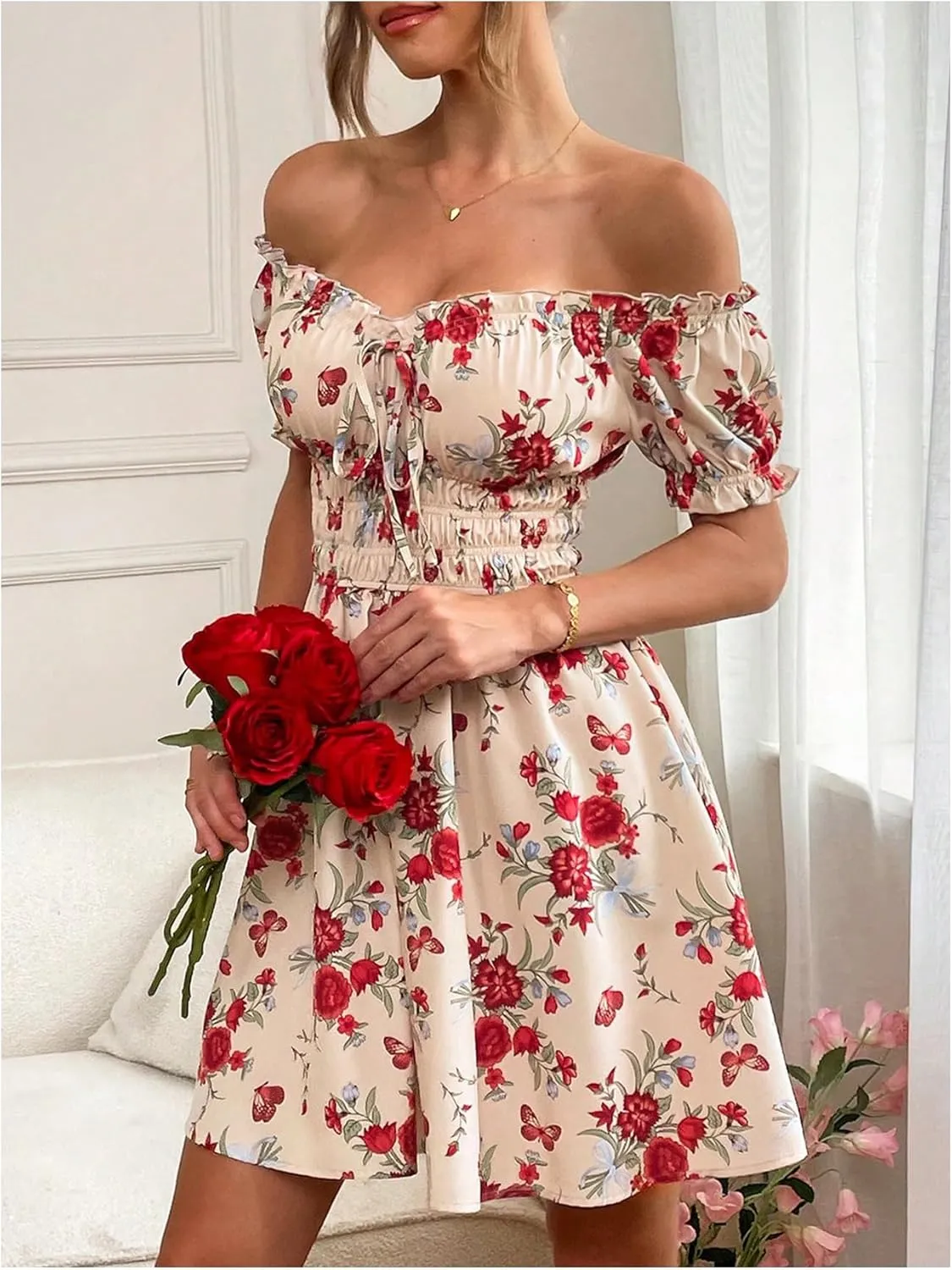 Floerns Women's Floral Print Off Shoulder Ruffle Puff Sleeve Smocked Short Dress
