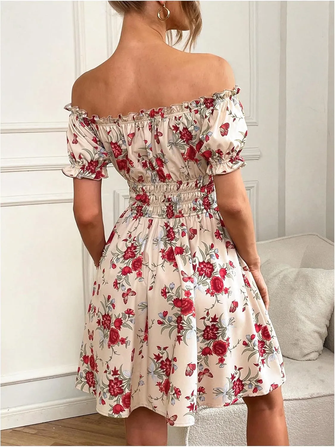 Floerns Women's Floral Print Off Shoulder Ruffle Puff Sleeve Smocked Short Dress
