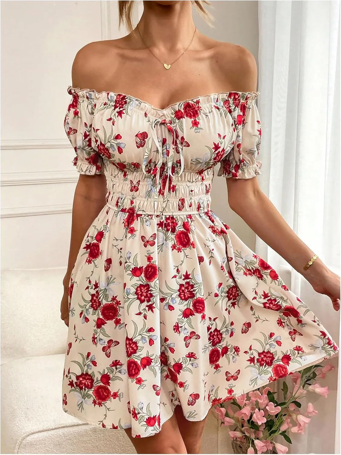 Floerns Women's Floral Print Off Shoulder Ruffle Puff Sleeve Smocked Short Dress