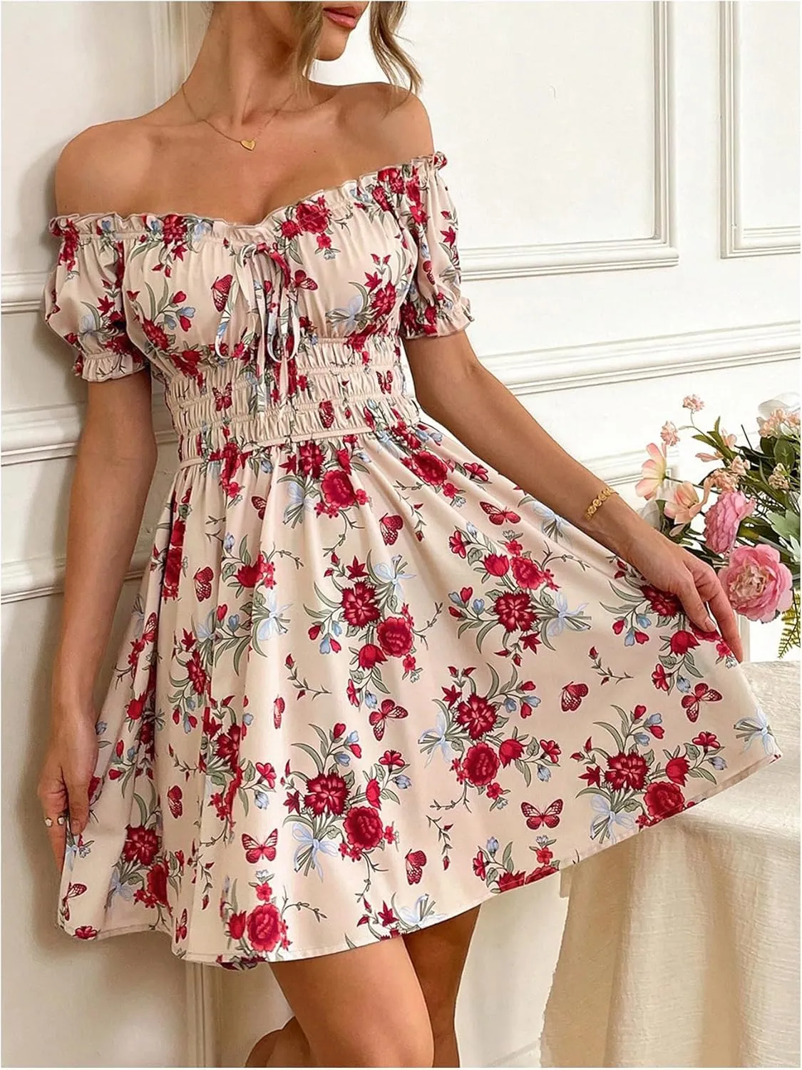 Floerns Women's Floral Print Off Shoulder Ruffle Puff Sleeve Smocked Short Dress