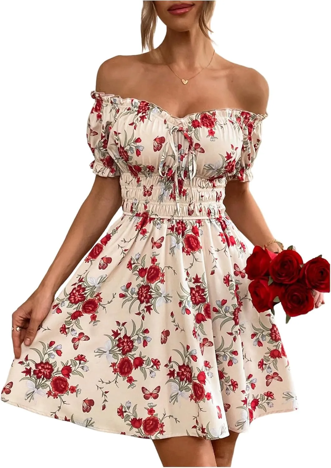 Floerns Women's Floral Print Off Shoulder Ruffle Puff Sleeve Smocked Short Dress