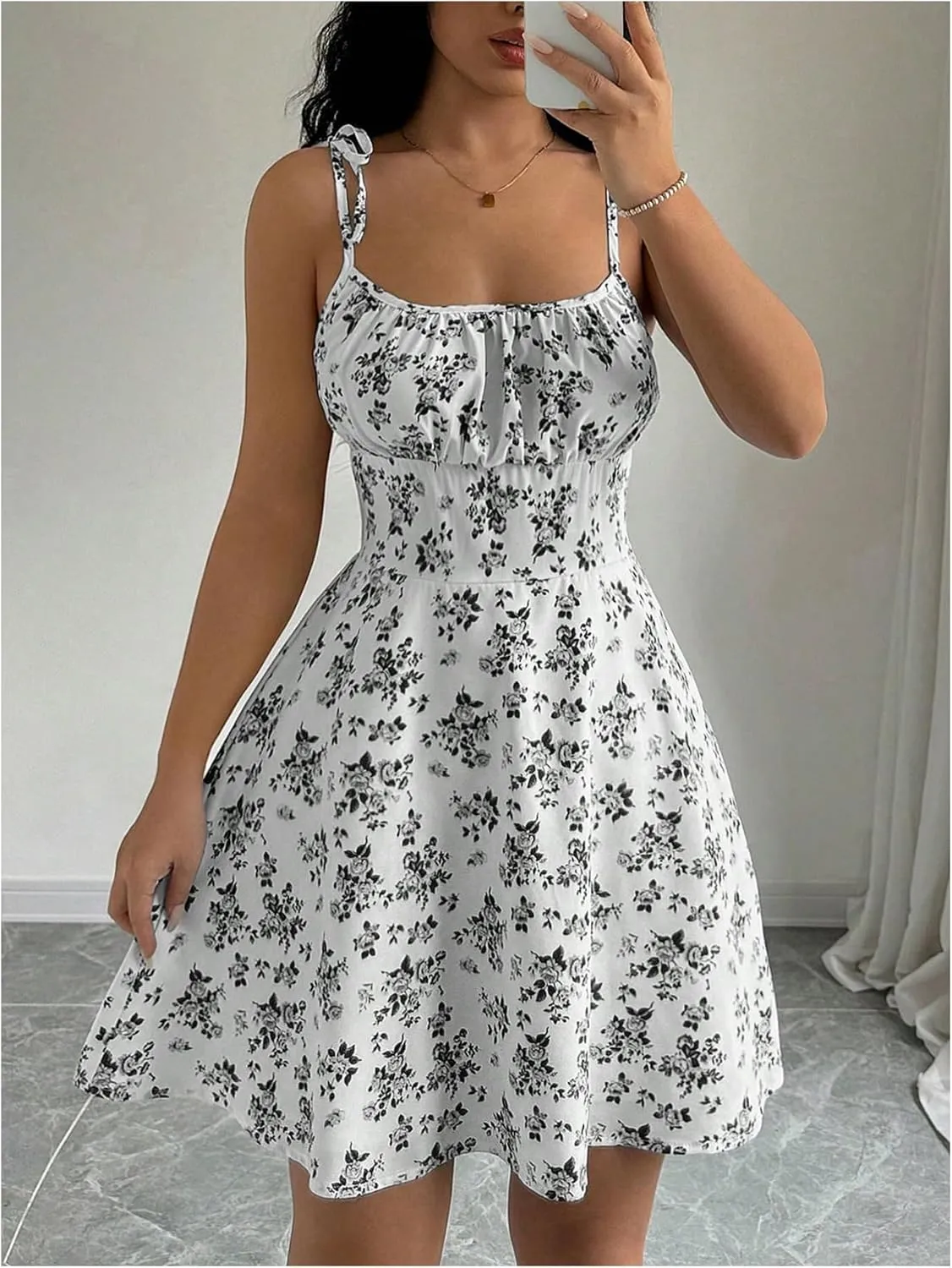 Floerns Women's Floral Tie Shoulder Cami Dress Sleeveless Ruched Bust Boho Dress