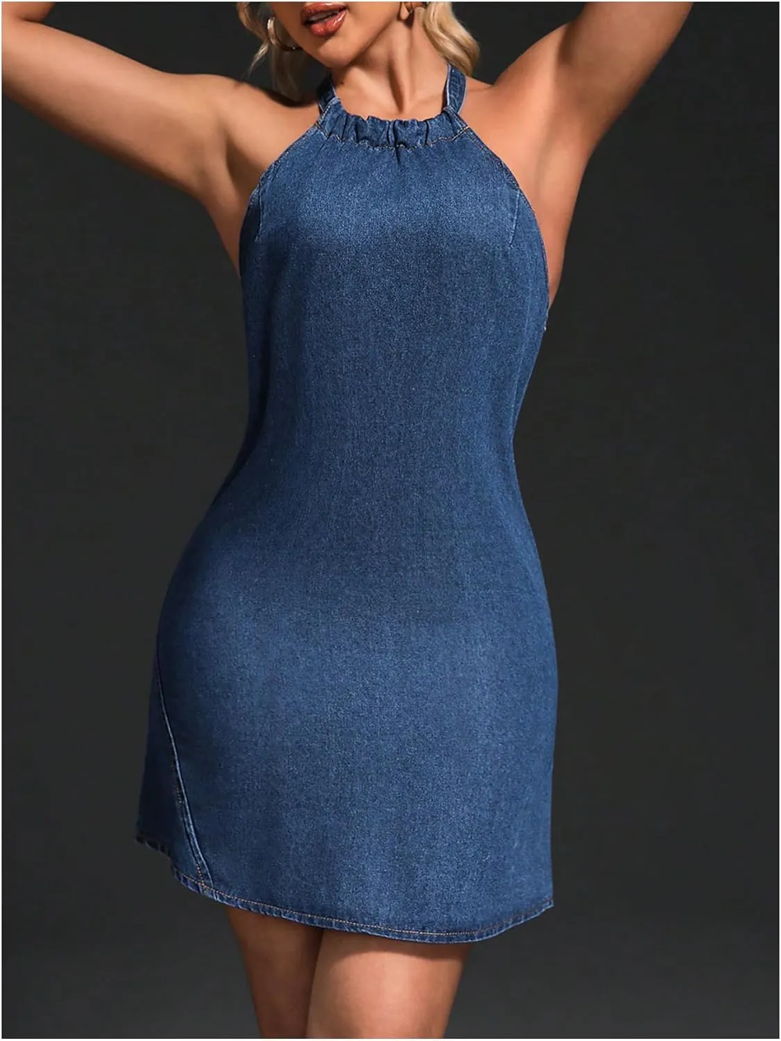 Floerns Women's Halter Tie Back Denim Dress Sleeveless Casual Short Dresses