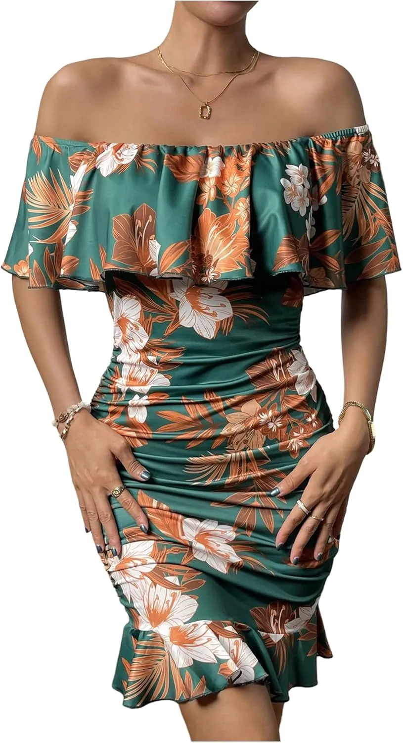 Floerns Women's Off Shoulder Ruffle Trim Short Sleeve Tropical Print Bodycon Dress