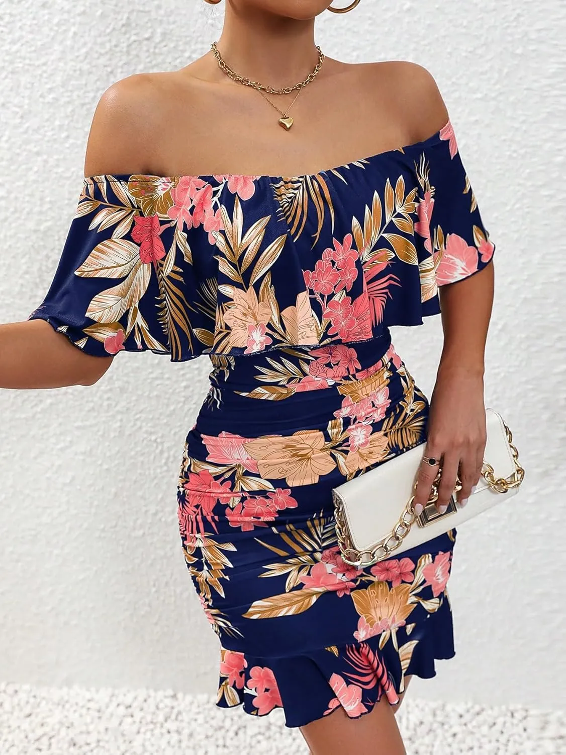 Floerns Women's Off Shoulder Ruffle Trim Short Sleeve Tropical Print Bodycon Dress