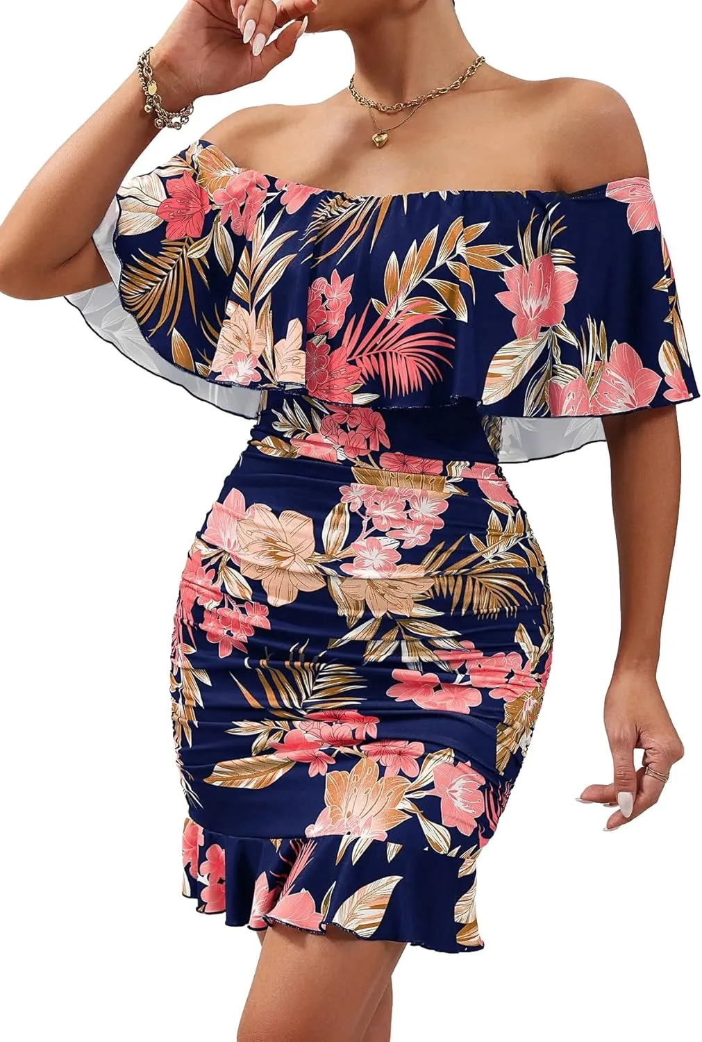 Floerns Women's Off Shoulder Ruffle Trim Short Sleeve Tropical Print Bodycon Dress