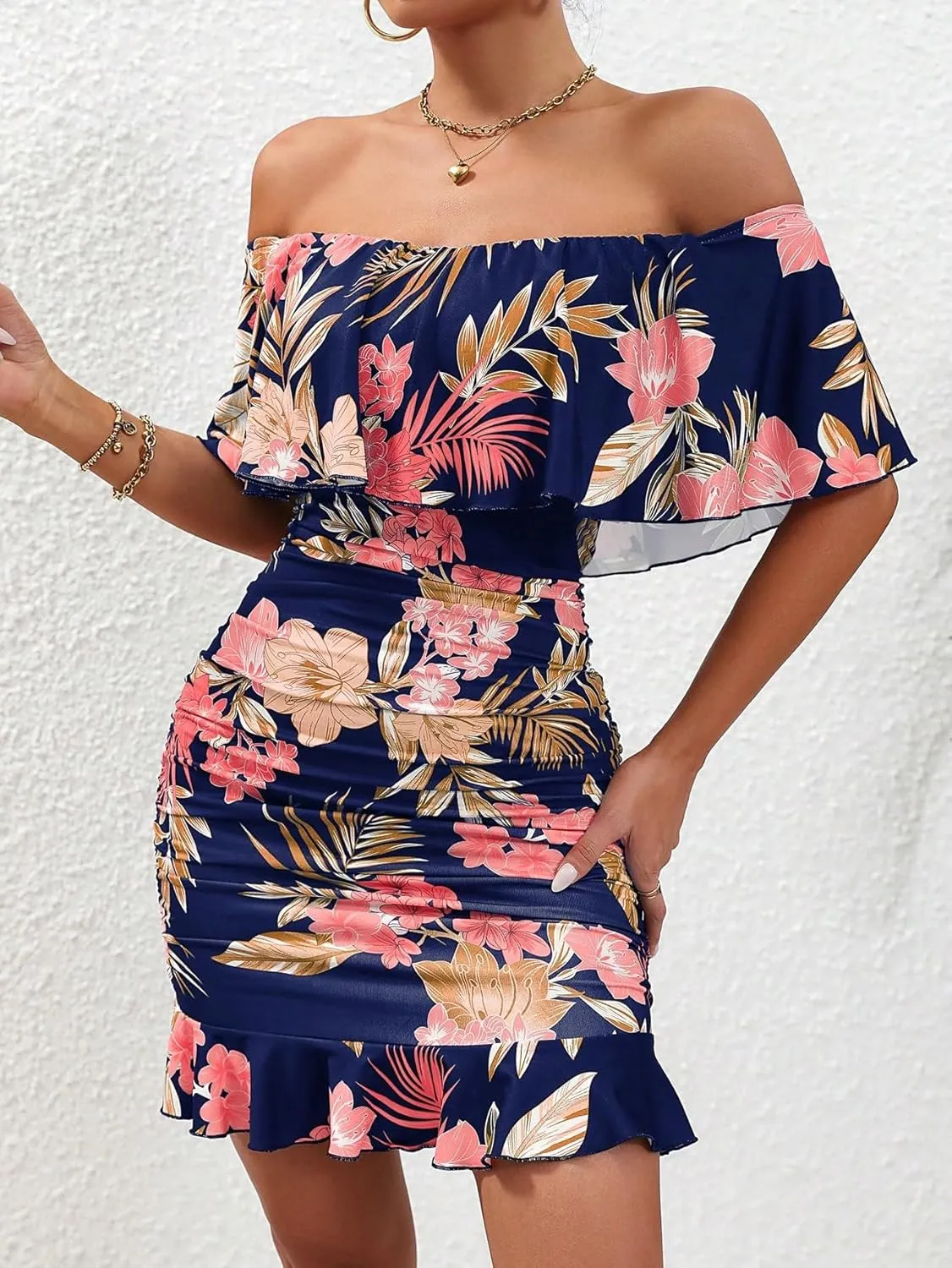 Floerns Women's Off Shoulder Ruffle Trim Short Sleeve Tropical Print Bodycon Dress