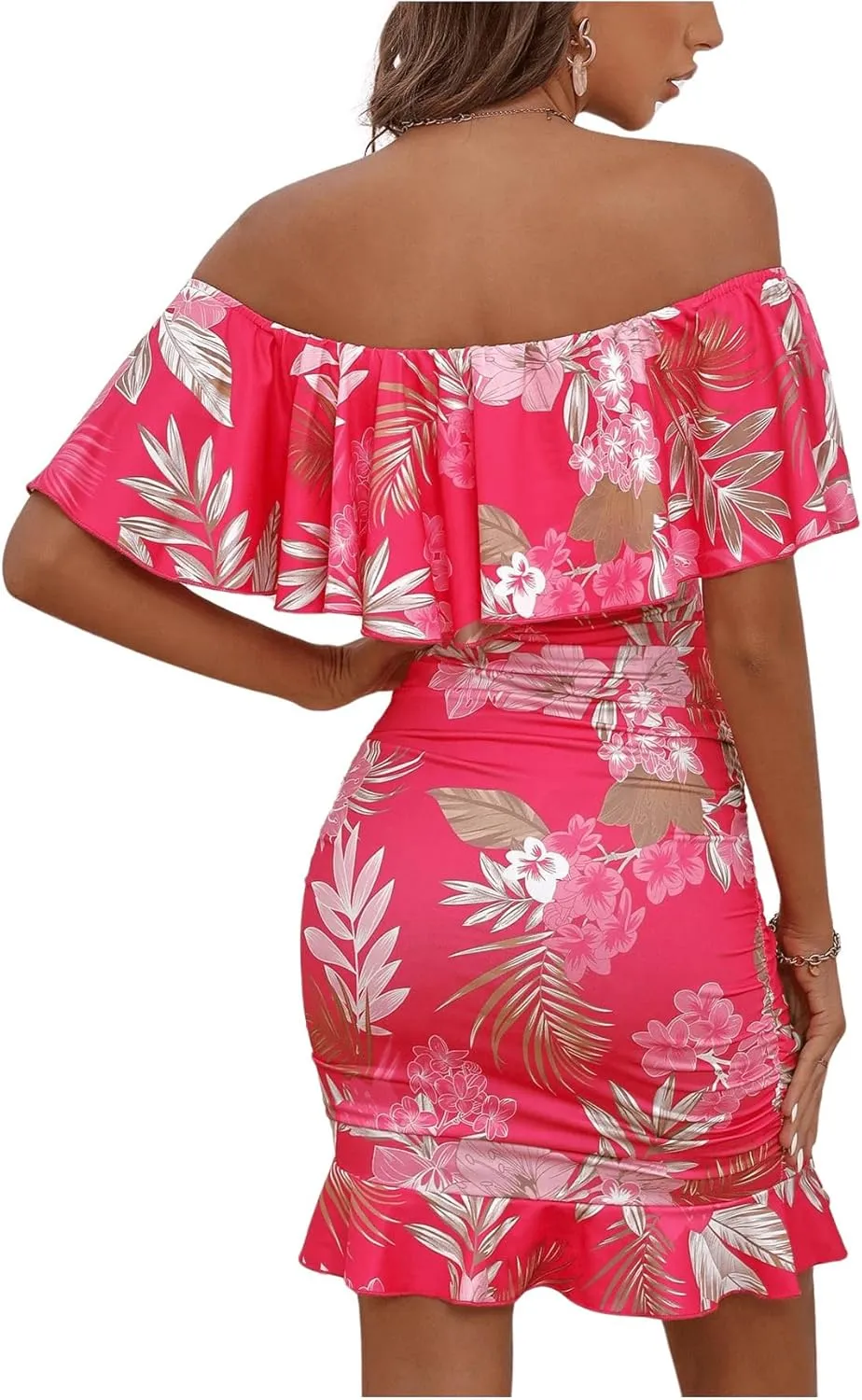 Floerns Women's Off Shoulder Ruffle Trim Short Sleeve Tropical Print Bodycon Dress