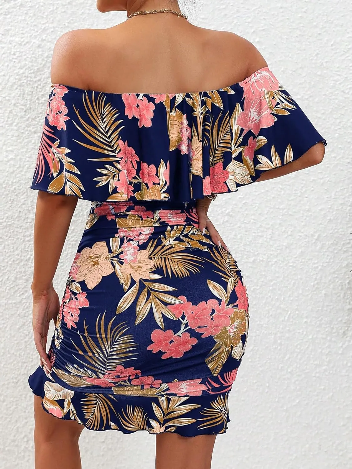 Floerns Women's Off Shoulder Ruffle Trim Short Sleeve Tropical Print Bodycon Dress