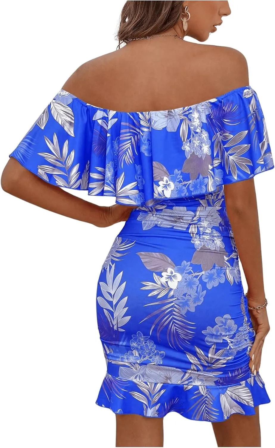 Floerns Women's Off Shoulder Ruffle Trim Short Sleeve Tropical Print Bodycon Dress