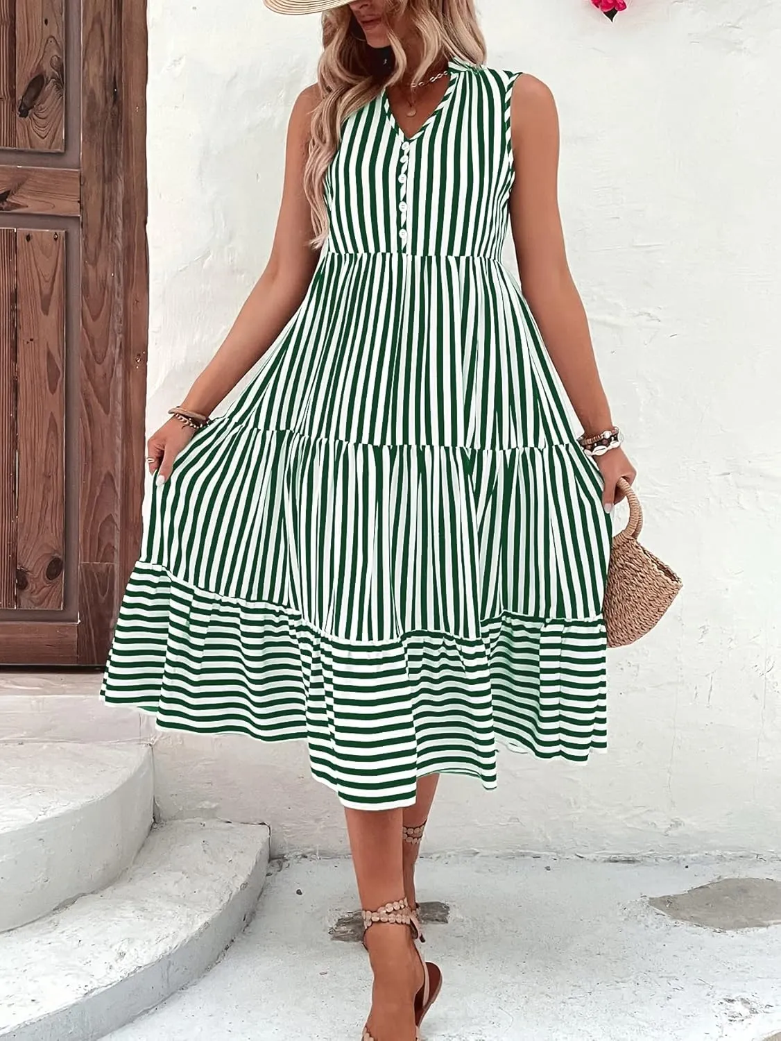 Floerns Women's Striped Print Notched Neck Sleeveless Ruffle A Line Midi Dress