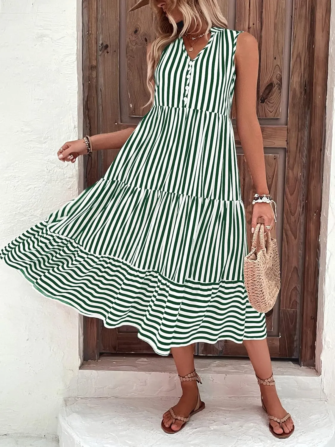 Floerns Women's Striped Print Notched Neck Sleeveless Ruffle A Line Midi Dress