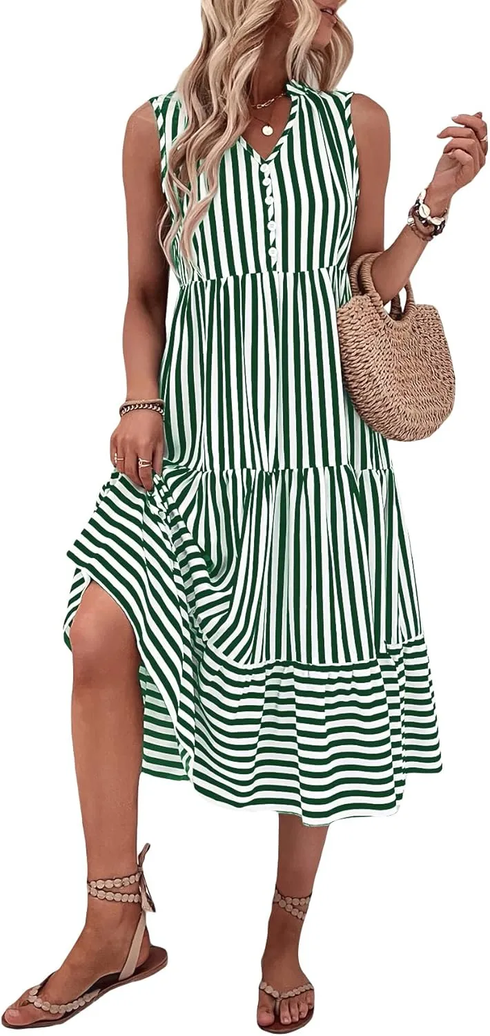 Floerns Women's Striped Print Notched Neck Sleeveless Ruffle A Line Midi Dress