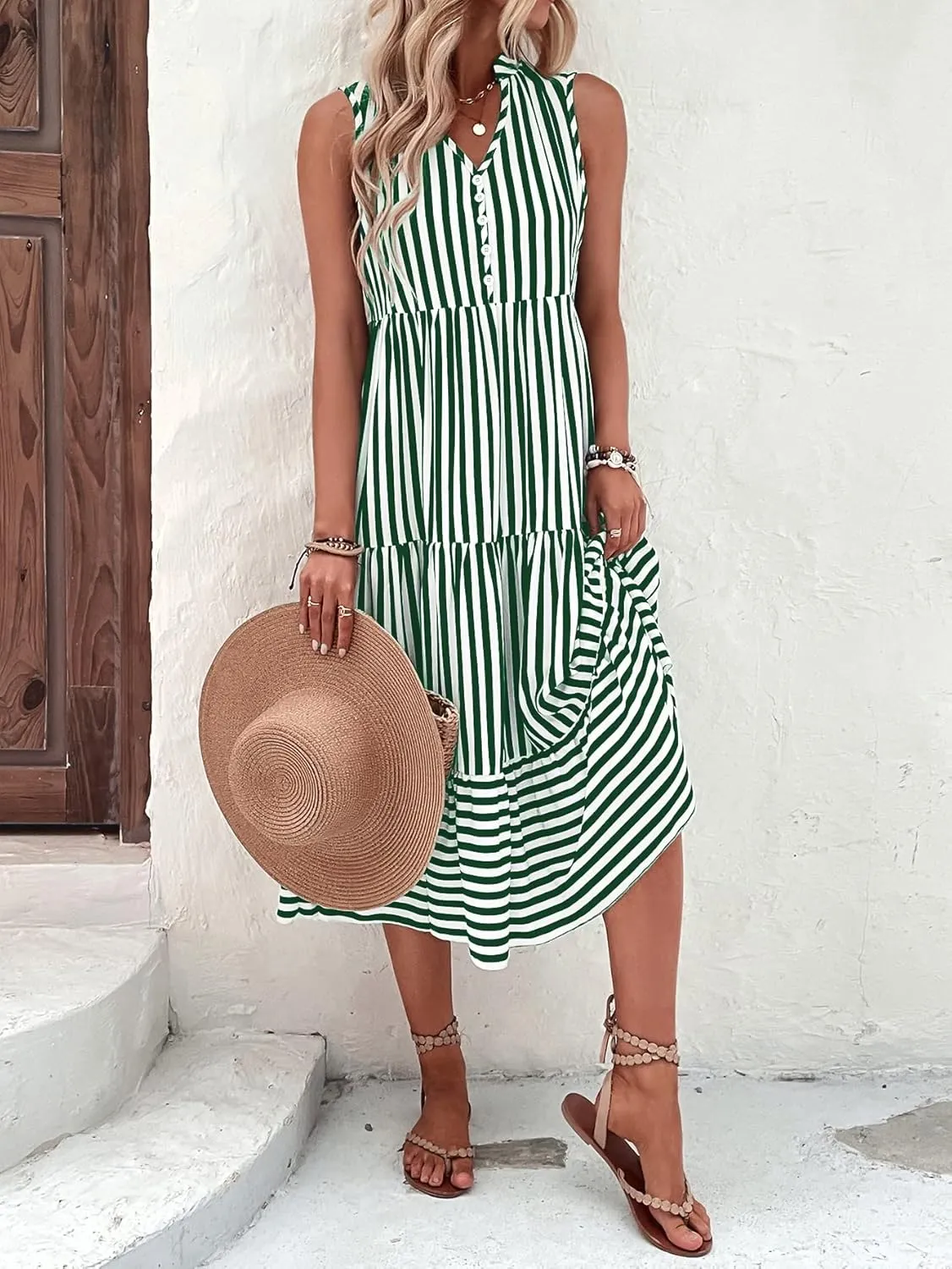 Floerns Women's Striped Print Notched Neck Sleeveless Ruffle A Line Midi Dress