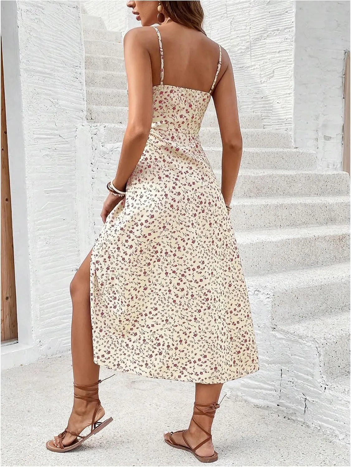 Floerns Women's Summer Split Thigh Spaghetti Strap Cami Midi Floral Dress