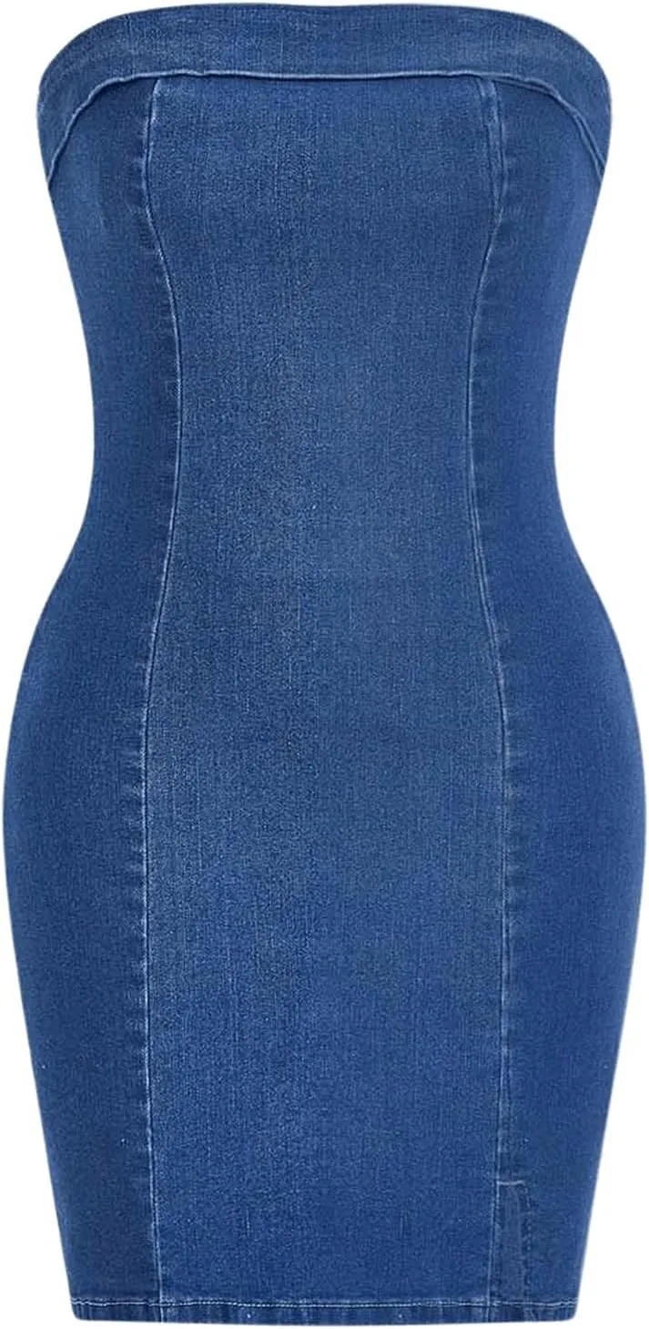 Floerns Women's Summer Strapless Tube Split Hem Bodycon Denim Dress
