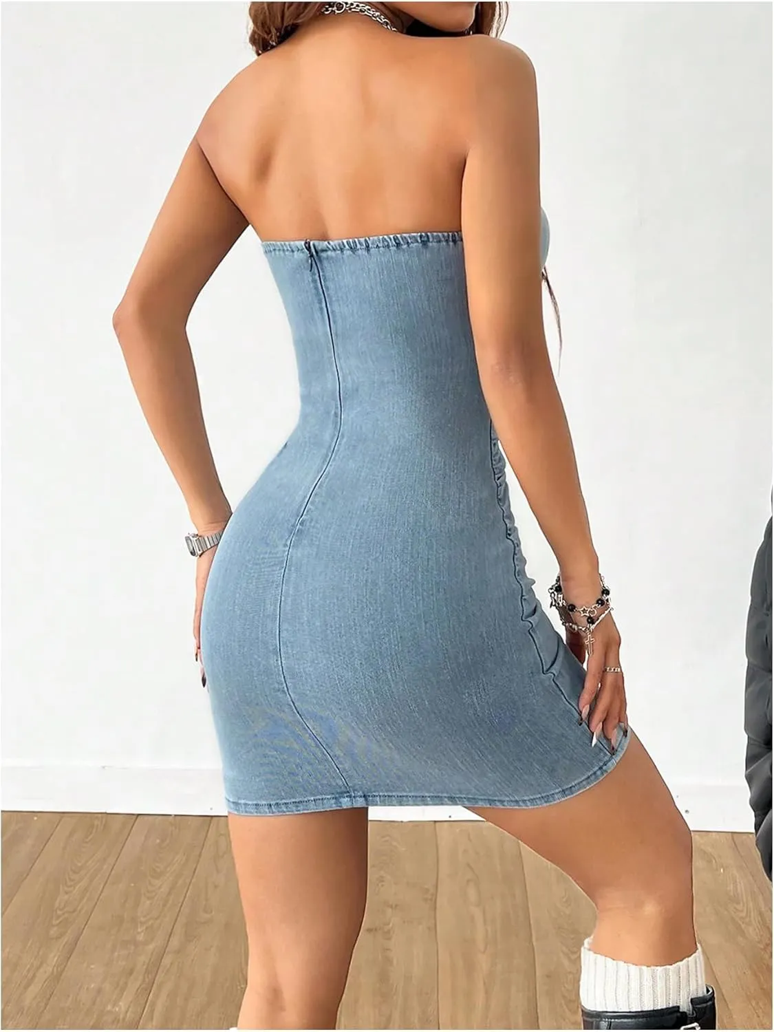 Floerns Women's Summer Strapless Tube Split Hem Bodycon Denim Dress