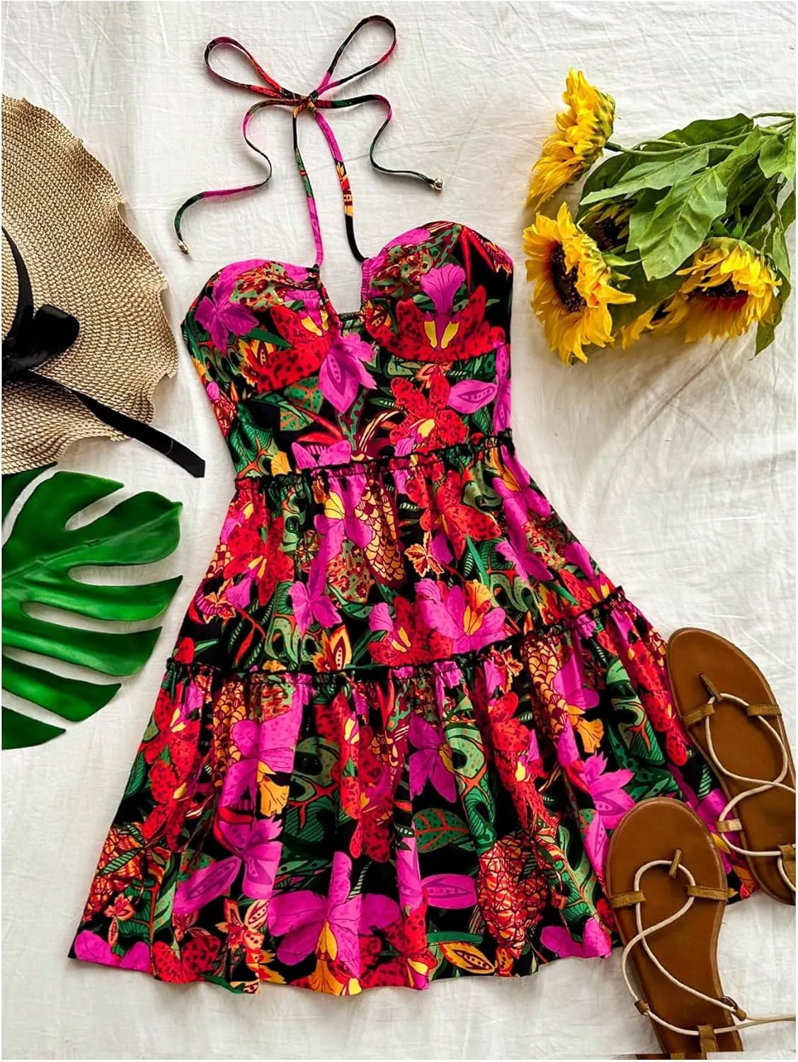 Floerns Women's Tie Dye Sleeveless Halter Dress Milkmaid Flare Hem Boho Dress