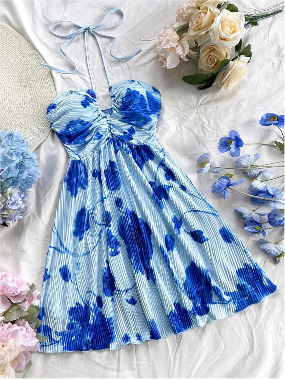 Floerns Women's Tie Dye Sleeveless Halter Dress Milkmaid Flare Hem Boho Dress
