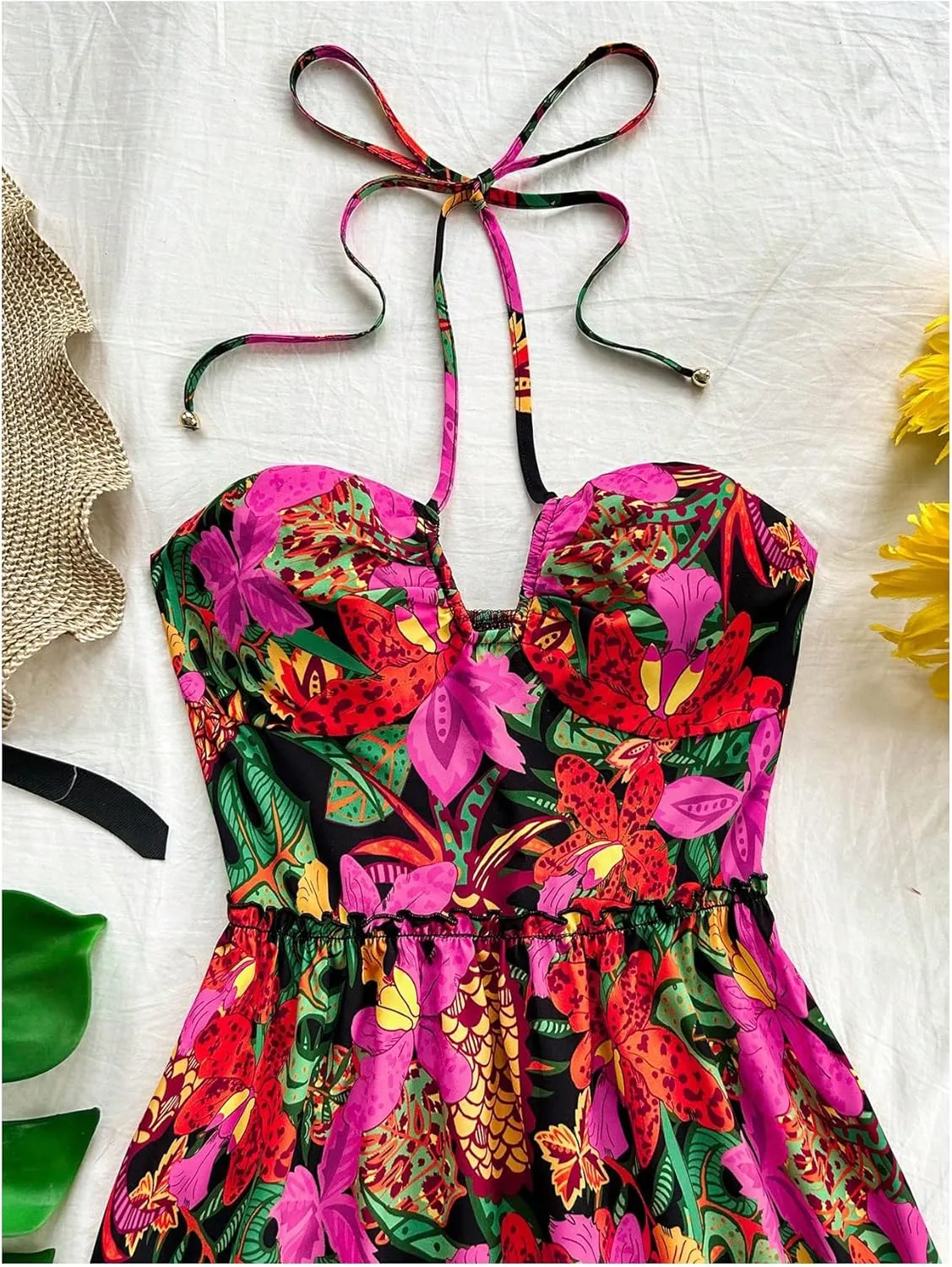 Floerns Women's Tie Dye Sleeveless Halter Dress Milkmaid Flare Hem Boho Dress