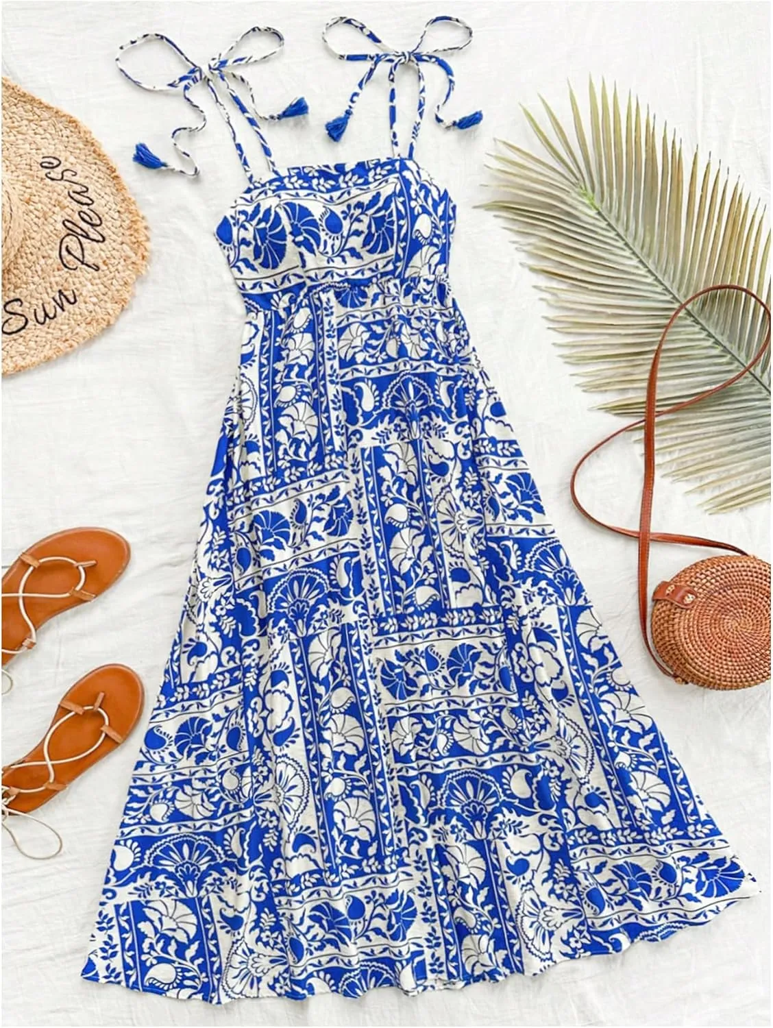Floerns Women's Tribal Tie Shoulder Cami Dress Sleeveless Boho Flared Long Dresses