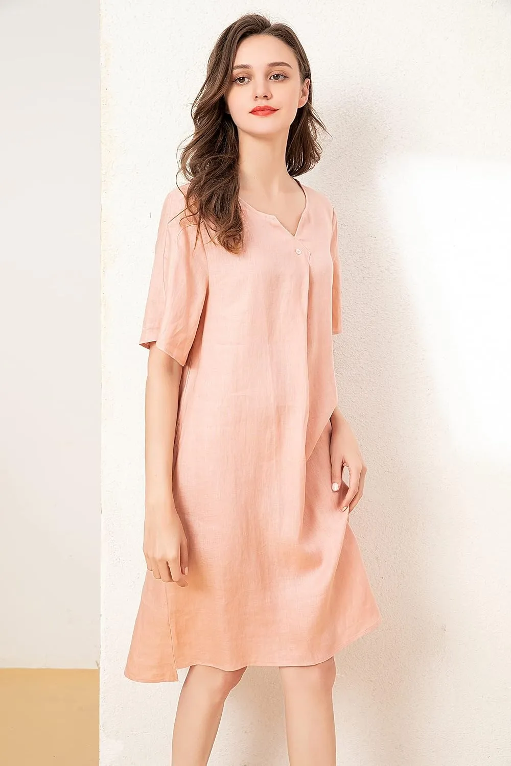 FTCayanz Women's Summer Tunic Dress V Neck Casual Loose Midi Dresses with Pockets