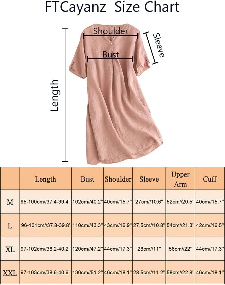 FTCayanz Women's Summer Tunic Dress V Neck Casual Loose Midi Dresses with Pockets