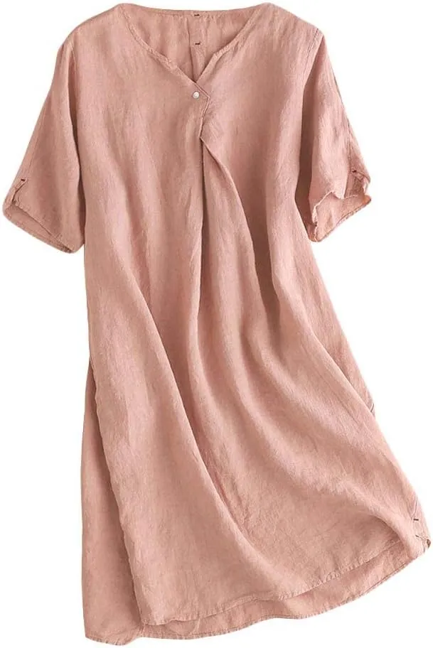 FTCayanz Women's Summer Tunic Dress V Neck Casual Loose Midi Dresses with Pockets