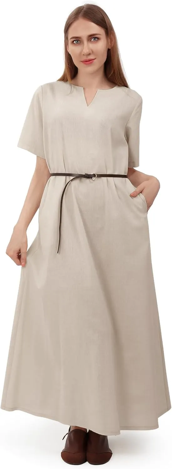 FURPHI Medieval Linen Underdress Short Sleeves Tunic Peasant Dress Cosplay Costumes for Women