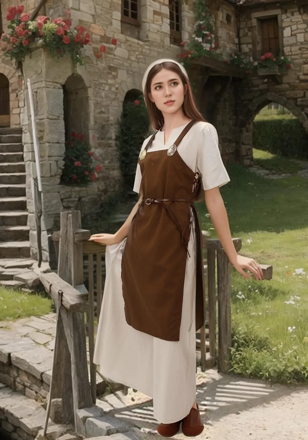 FURPHI Medieval Linen Underdress Short Sleeves Tunic Peasant Dress Cosplay Costumes for Women