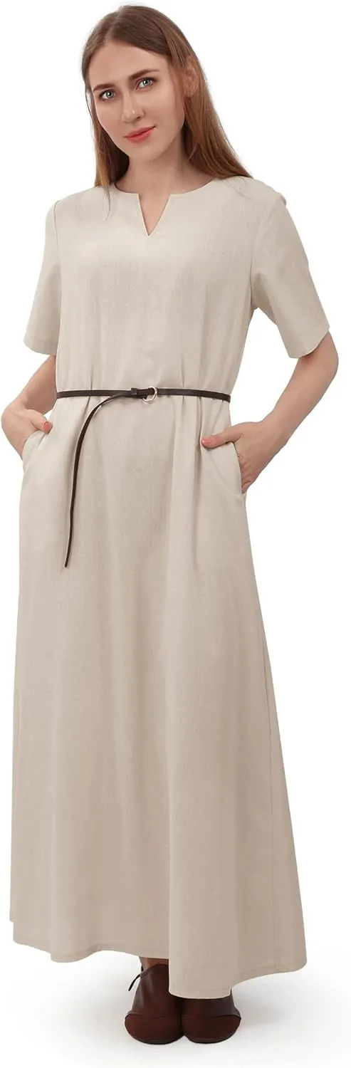 FURPHI Medieval Linen Underdress Short Sleeves Tunic Peasant Dress Cosplay Costumes for Women