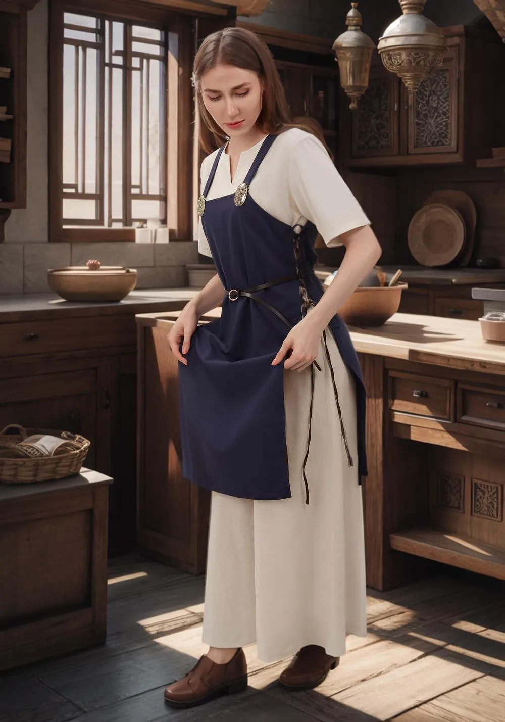 FURPHI Medieval Linen Underdress Short Sleeves Tunic Peasant Dress Cosplay Costumes for Women